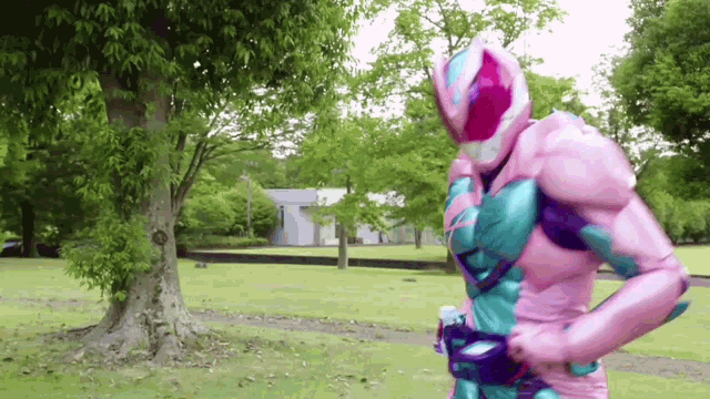 a man in a pink and purple costume is standing in a park with trees in the background .