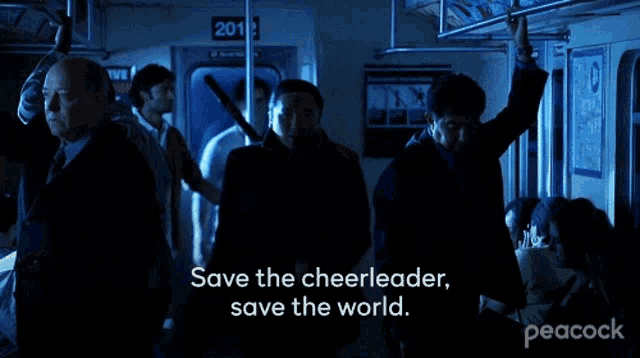 a man holding a bat with the words save the cheerleader save the world on the bottom