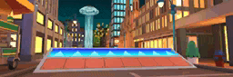 a cartoon illustration of a city with a fountain in the middle of it