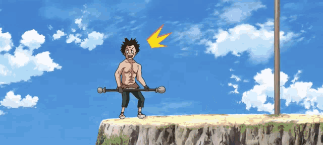 a cartoon of a man standing on a cliff holding a spear