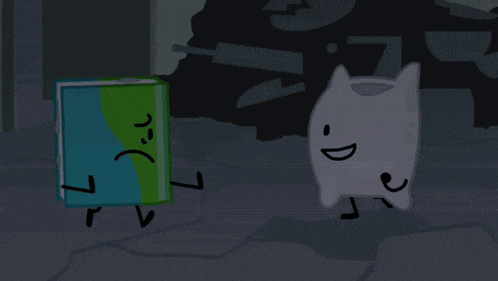 a cartoon drawing of a green and blue object with a mouth open