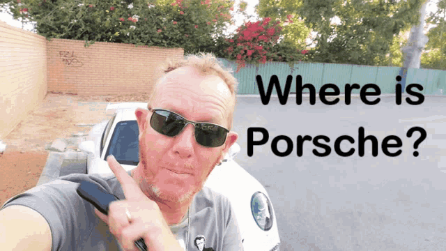 a man wearing sunglasses stands in front of a white car with the words " where is porsche " above him