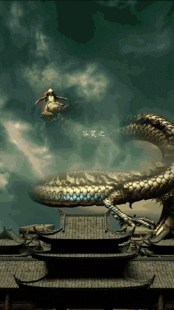a painting of a dragon flying over a building with chinese writing on it