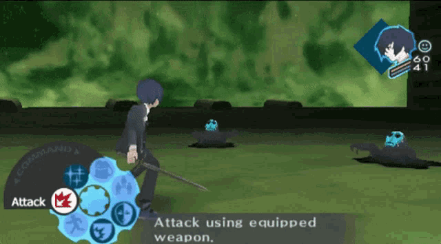 a screenshot of a video game that says attack using equipped weapon at the bottom