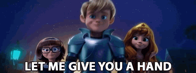a boy and two girls are standing next to each other with the words let me give you a hand above them