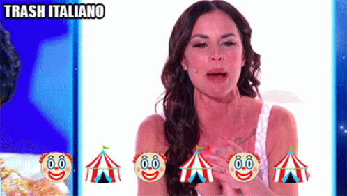 a woman in a white tank top is surrounded by clown faces and the word trash italiano