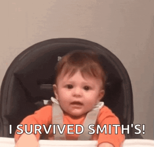 a baby sitting in a high chair with the words i survived smith 's