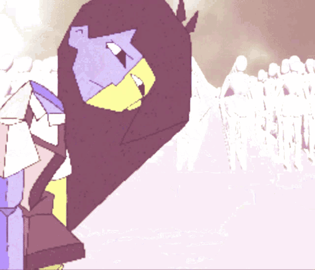 a cartoon drawing of a duck with a yellow beak and a purple head