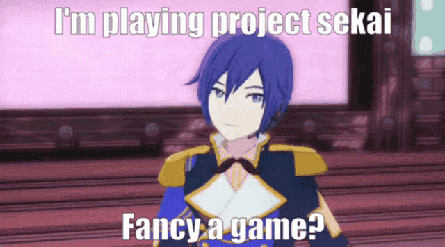 a cartoon character says i 'm playing project sekai fancy a game ?