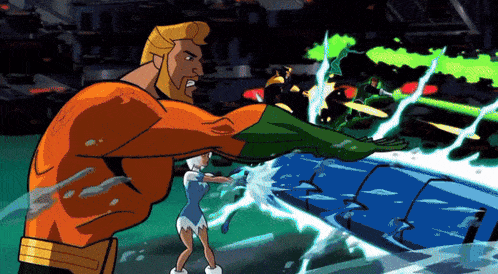 a cartoon of aquaman fighting a woman in a white dress