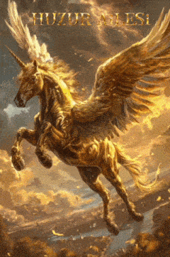 a painting of a golden unicorn with wings and the words huzur ailesi on the bottom