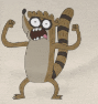 a cartoon raccoon is flexing his muscles while standing on its hind legs .
