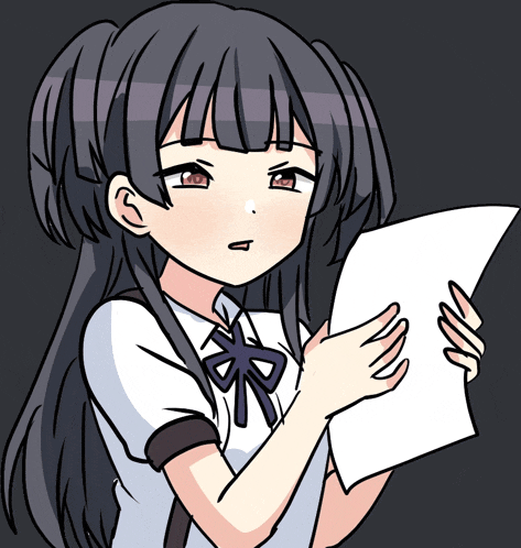 a girl with black hair is holding a piece of paper in her hands