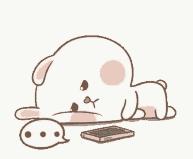 a cartoon rabbit is laying on the ground next to a cell phone and a speech bubble .