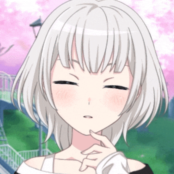a girl with white hair has her eyes closed and a hand on her chin