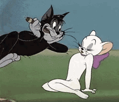 a black cat is holding a cigar while a white cat looks on