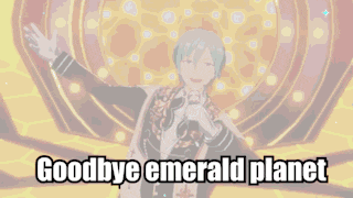 a man is standing on a stage with his arms outstretched and the words `` goodbye emerald planet '' written on the screen