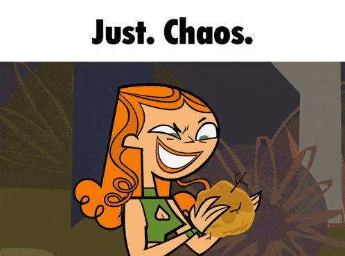 a cartoon of a girl holding an apple with the words just chaos above her