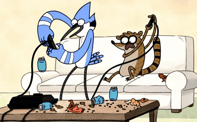 a cartoon of two birds and a raccoon playing video games