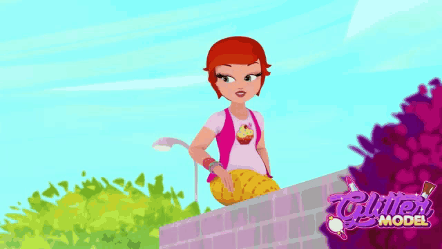 a cartoon girl with red hair is sitting on a brick wall with the word glitter model on the bottom