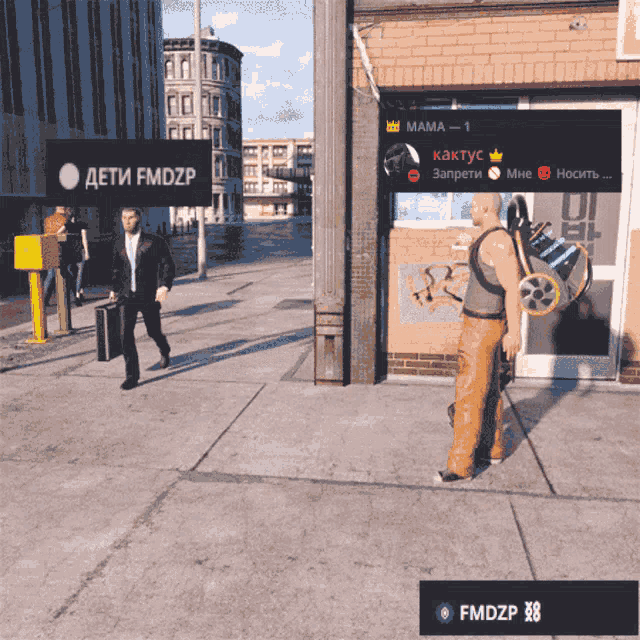 a man walking down a sidewalk with a sign that says fmdzp on it