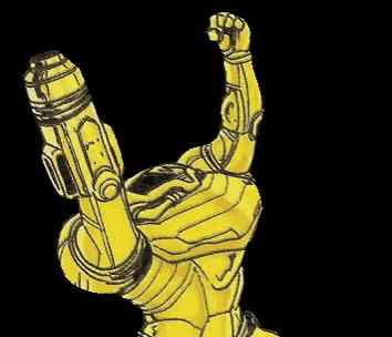 a drawing of a robot with its fist in the air on a black background