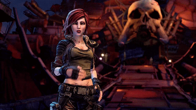 a woman in a video game giving the middle finger in front of a large skull