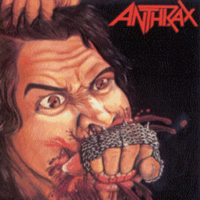 a man with chains around his mouth is on the cover of anthrax album