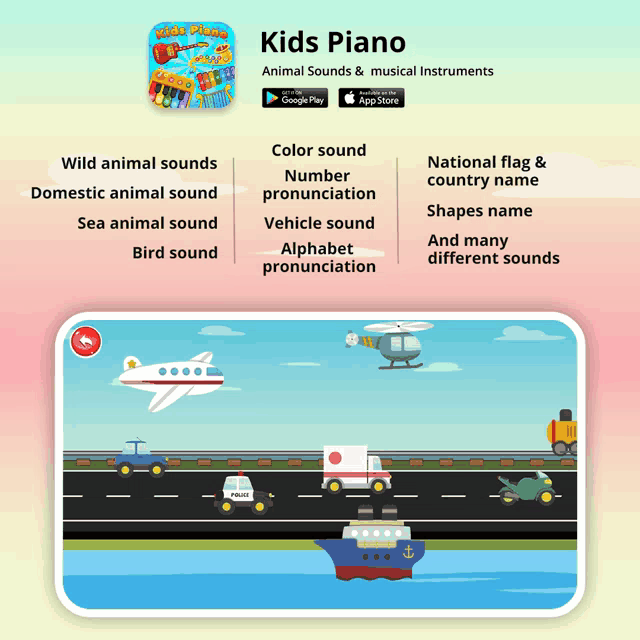 a screenshot of a kids piano app with various sounds