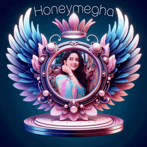 a picture of a woman in a frame with wings and the name honeymegha
