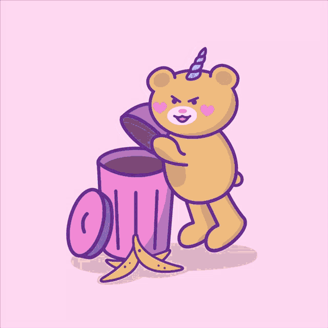 a teddy bear with a unicorn horn is putting something in a trash can