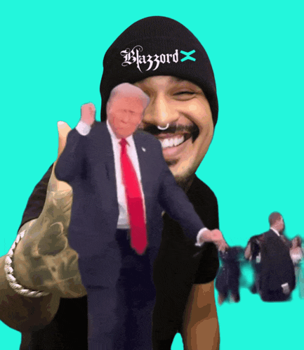 a man wearing a beanie that says blizzard holds a picture of trump