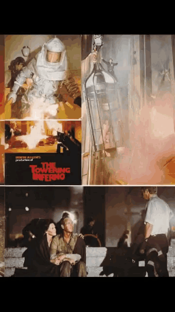 a movie poster for the towering inferno shows a man wearing a helmet