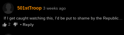 a black screen with a reply from 501st troop 3 weeks ago