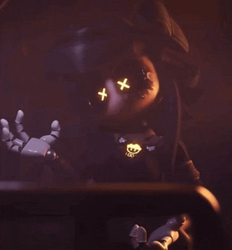 a doll with glowing eyes and a necklace that says loot