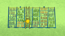 a cartoon drawing of a library with a ladder and a snake