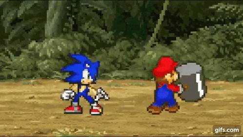 sonic the hedgehog and mario are standing next to each other in a video game .