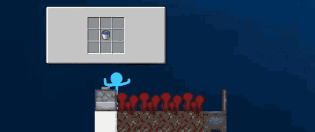 a screenshot of a video game with a blue box and a bunch of red balls .