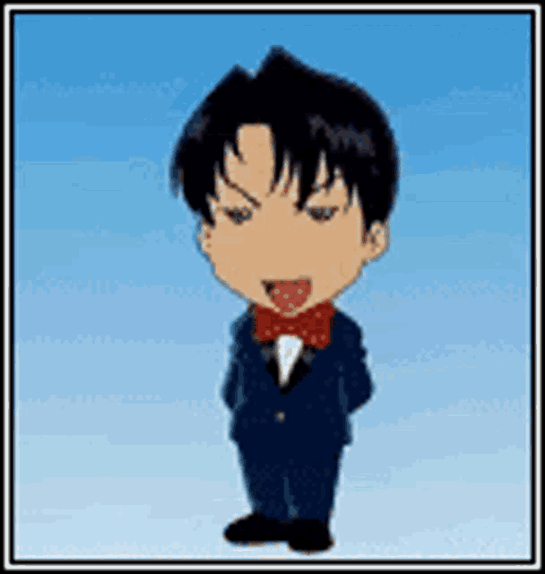 a cartoon of a boy wearing a suit and bow tie .