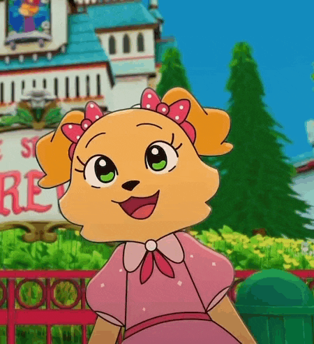 a cartoon dog is wearing a pink dress and a bow