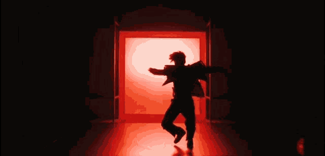 a silhouette of a person in a dark room with red lights behind them