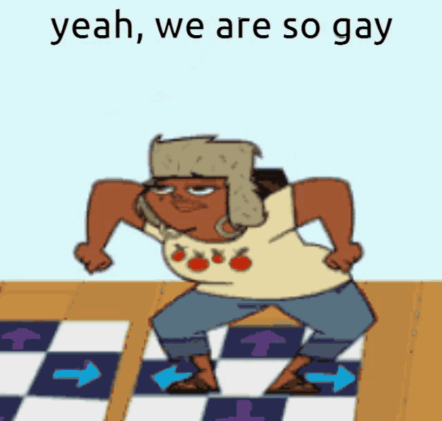 a cartoon character is dancing on a checkered floor with the words yeah we are so gay above him