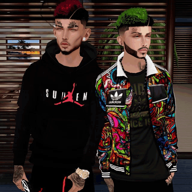 two men are standing next to each other one wearing a black hoodie that says supreme
