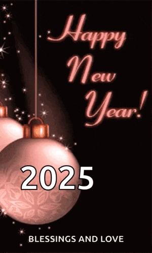 a happy new year greeting card with a pink christmas ornament