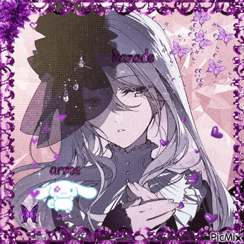 a picture of a girl with purple flowers and butterflies with the name kanade
