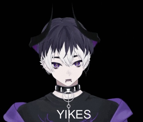 a boy with horns and a choker has the word yikes on his shirt