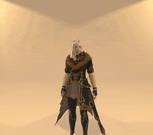 a man in a black and gold outfit has his arms outstretched in the air