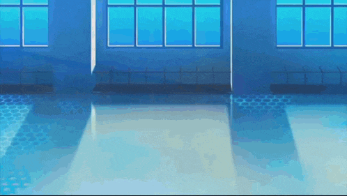 a hallway with blue walls and a blue floor