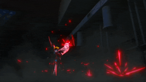 a cartoon character is holding a sword and surrounded by red lights