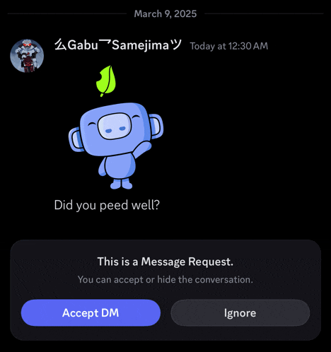 a screenshot of a message request asking if a person peed well